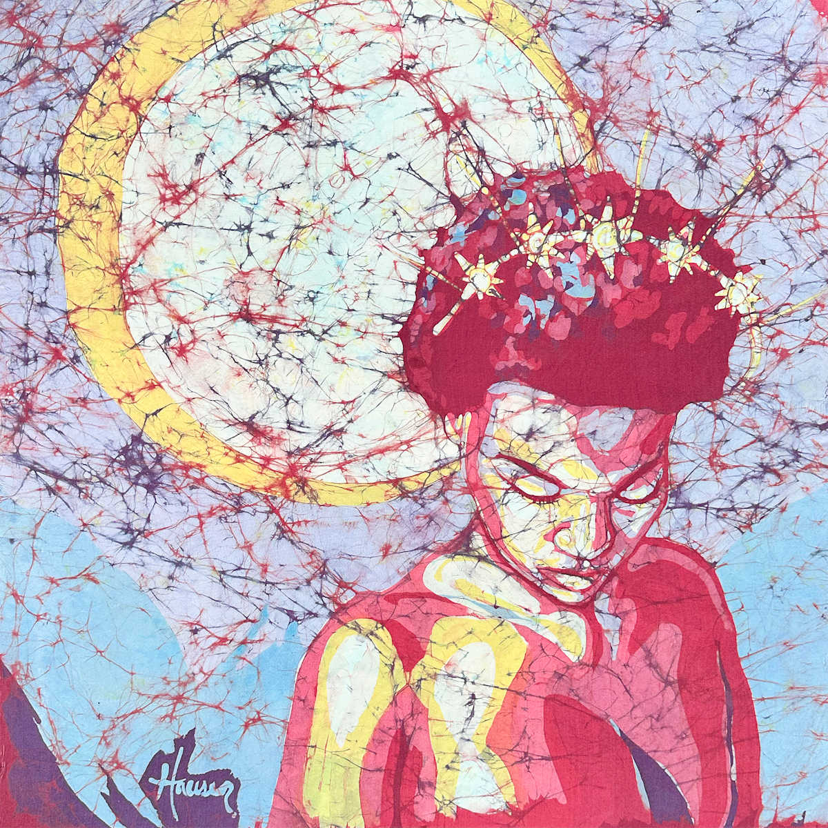 Eos Rising by Sam Hauser  Image: Eos, goddess of the dawn, is depicted in front of the rising sun. Her eternal love, Orion, was placed among the stars by Zeus. She is forever destined to chase him as she brings in the sunlight of day.