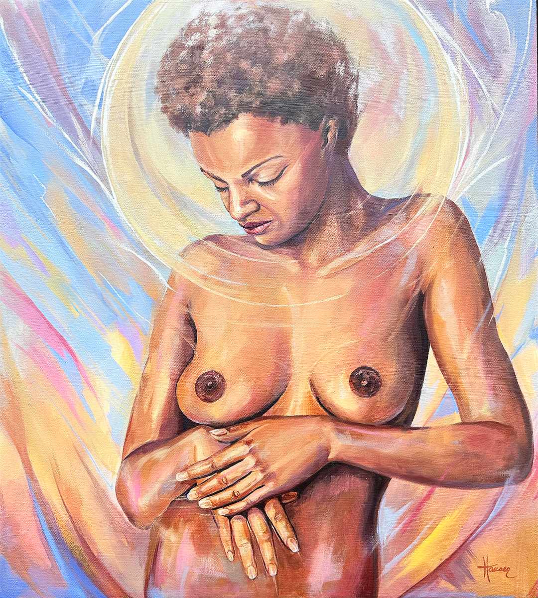 Eos Brings the Dawn by Sam Hauser  Image: The goddess of the dawn, Eos, is depicted in heavenly expressionism with the colors of early day swirling around her finely rendered form. Real gold and silver pigments are added in accents and, also, mixed in with the paint to make the figure glow.