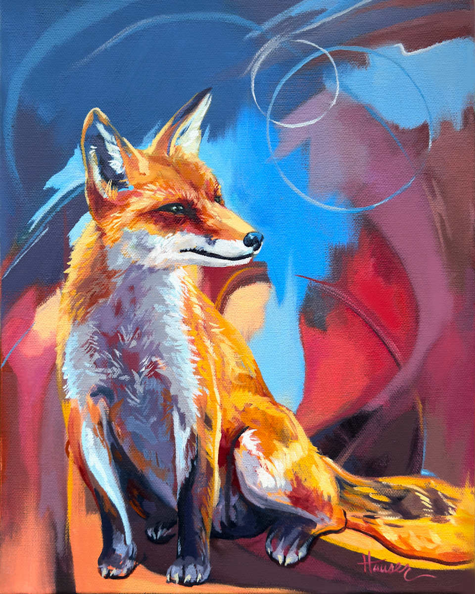 Scarlet Wanderer by Sam Hauser  Image: A pensive fox sits amongst fields of blue and red. This fox holds the spirit of contemplation and serenity through a changing external world.
