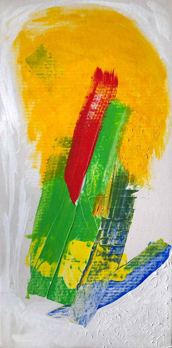 bigBloom by Melvyn Poore  Image: A large, spontaneous yellow flower, in acrylic colors applied with brush and scraper.