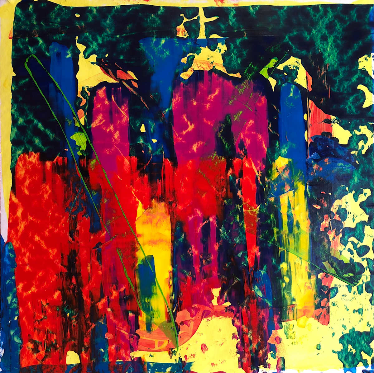 clefsWeyslips by Melvyn Poore  Image: Vibrating layers of crimson, magenta and cobalt form a pulsing urban-meets-nature skyline. Organic splashes of emerald and yellow keep the surface alive. This will turn any contemporary room into a source of confident, kinetic energy.

