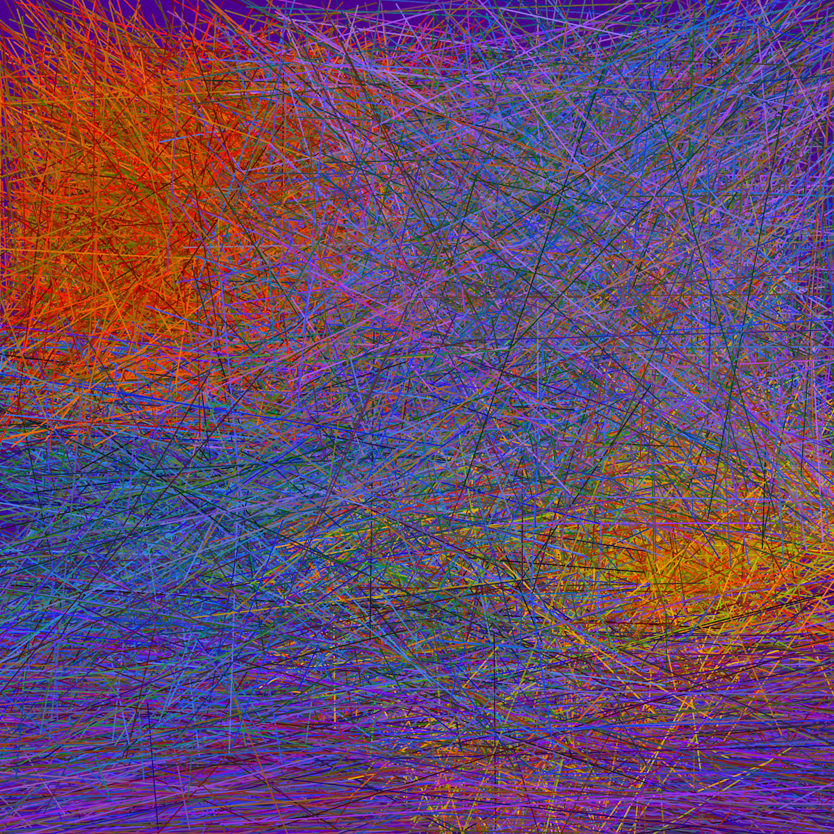 d'appled'Arval by Melvyn Poore  Image: A network of thousands of chaotic lines form areas of orange, blue and yellow. Is seen at its best at - at least - 50 x 50cm. Printed on Hahnemühle German Etching paper.