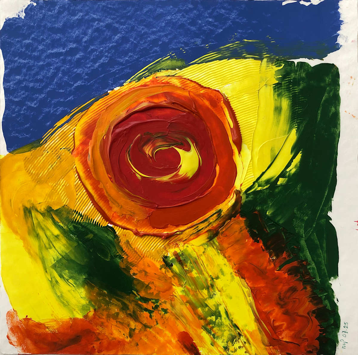 molly'sPride by Melvyn Poore  Image: Thick spirals of fiery pigment bloom against sweeping green, yellow and electric cobalt.