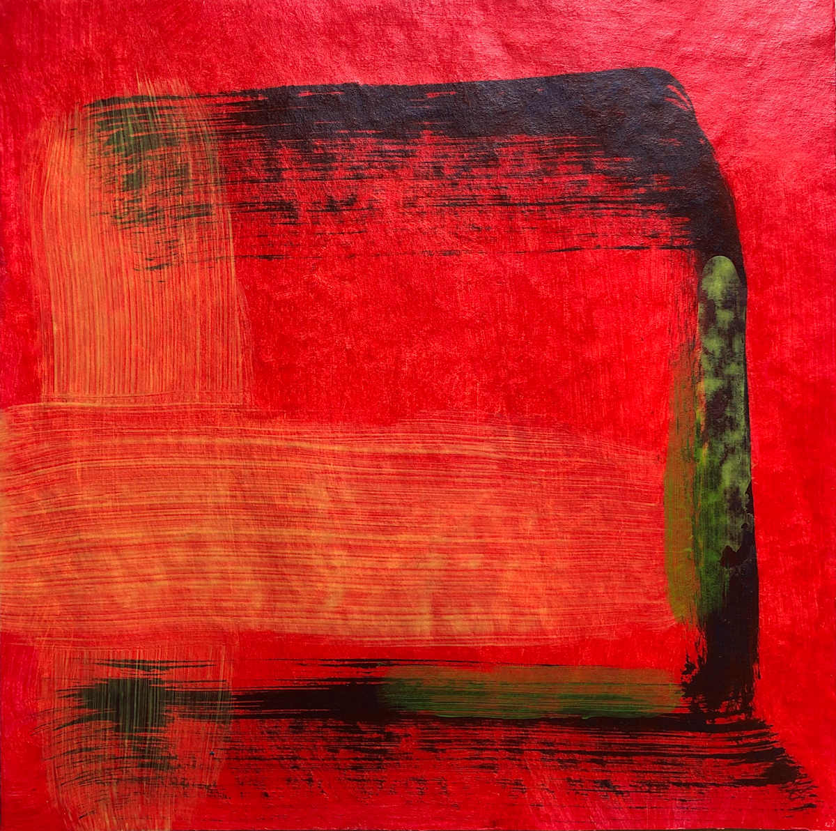 pauseWillie by Melvyn Poore  Image: A spatial polyphony of colored lines: bold black, emaciated yellow and accentuating green, all on a fiery crimson background.
waiting for photo... With inpainting