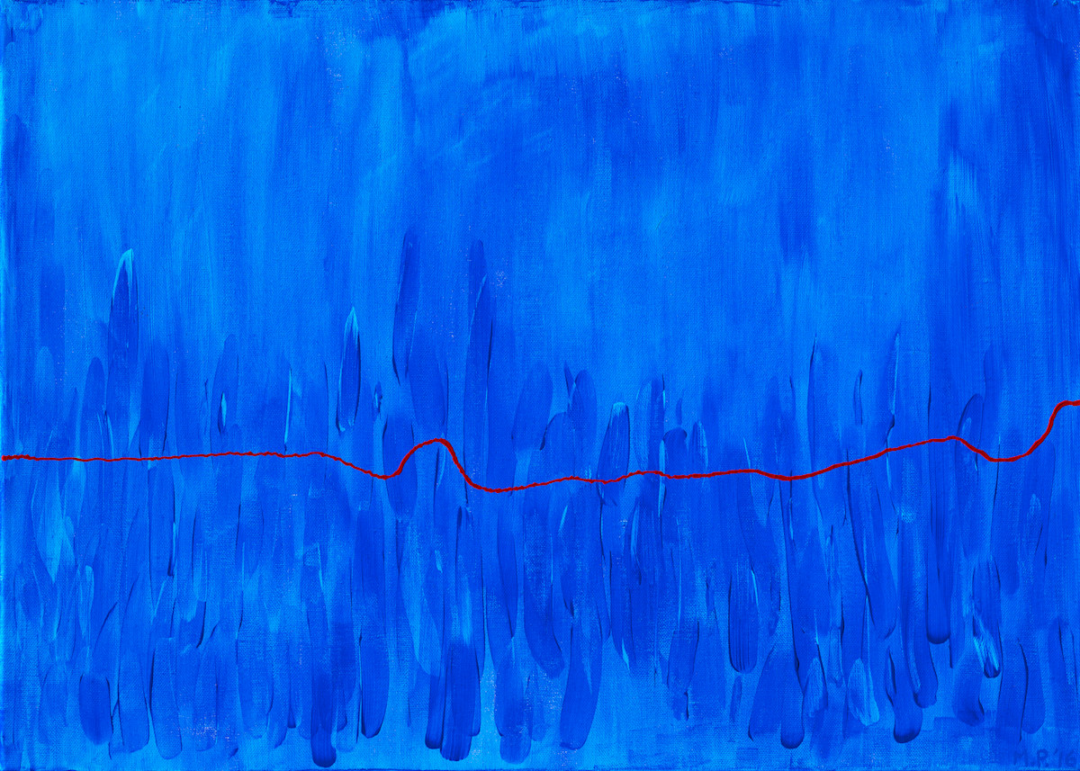 redLine by Melvyn Poore  Image: Strong brushmarks make for a lively scene beyond the red line snaking across the picture surface.