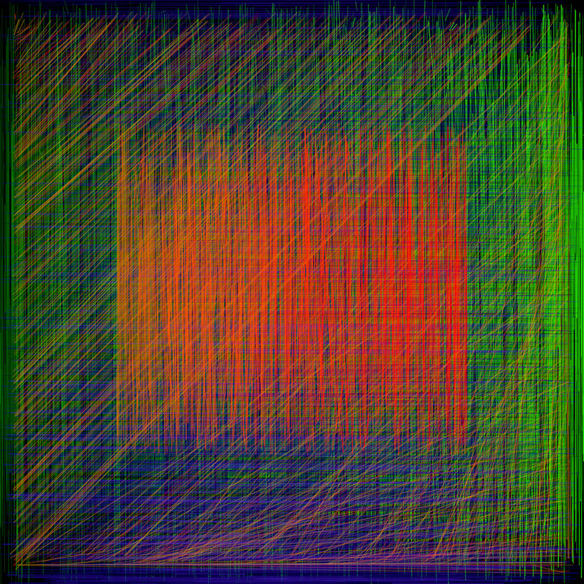 wagonsPluff by Melvyn Poore  Image: A soothing interplay of line and colour, emphasising the retention of form in spite of the irregularity of the building blocks (all lines were generated randomly and sorted into place).
This work was a Finalist in tenMoir Online Art Gallery Abstract Art Competition 2025.