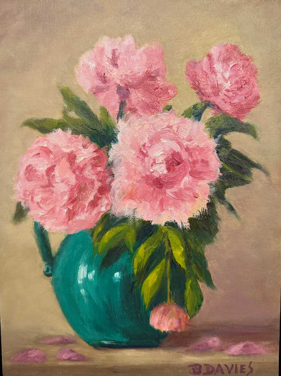 Peonies in Turquoise Vase (framed) by Barbara Davies, Image 1.