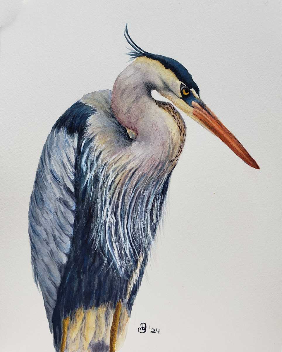 Blue Heron in Watercolor by Olive Dodd 