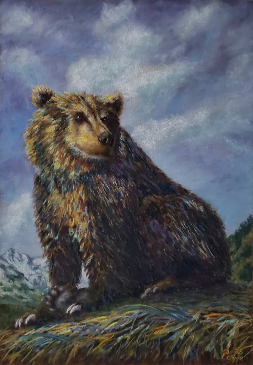 Grizzly’s Gentle Pause by Olive Dodd  Image: Welcome to a delightful pause in the wilderness, where a gentle giant takes center stage.  