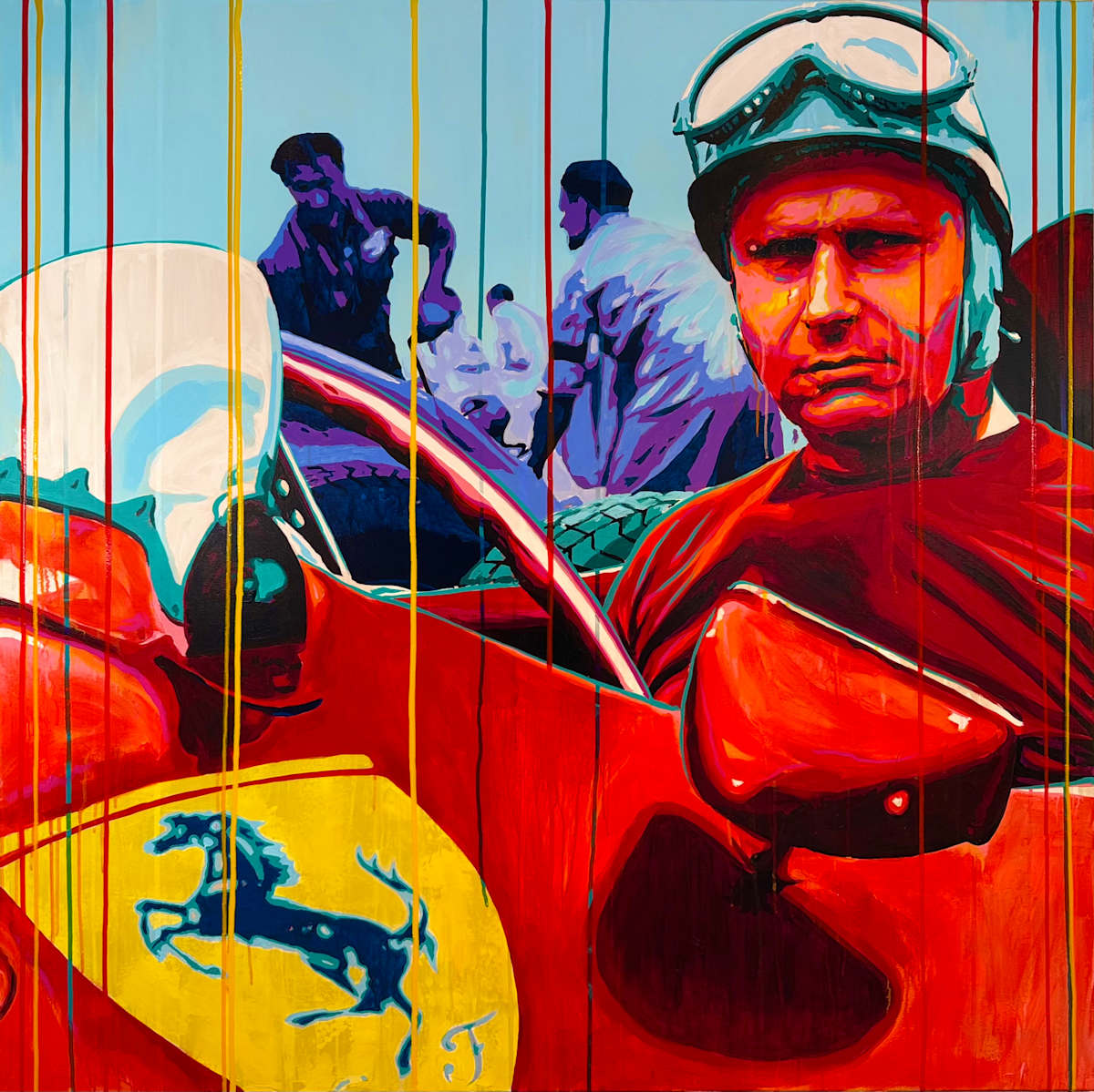 "Fangio at Ferrari – Mastery in Red" by Artist Allan Buch  Image: "Fangio at Ferrari – Mastery in Red" 120 x 120 cm