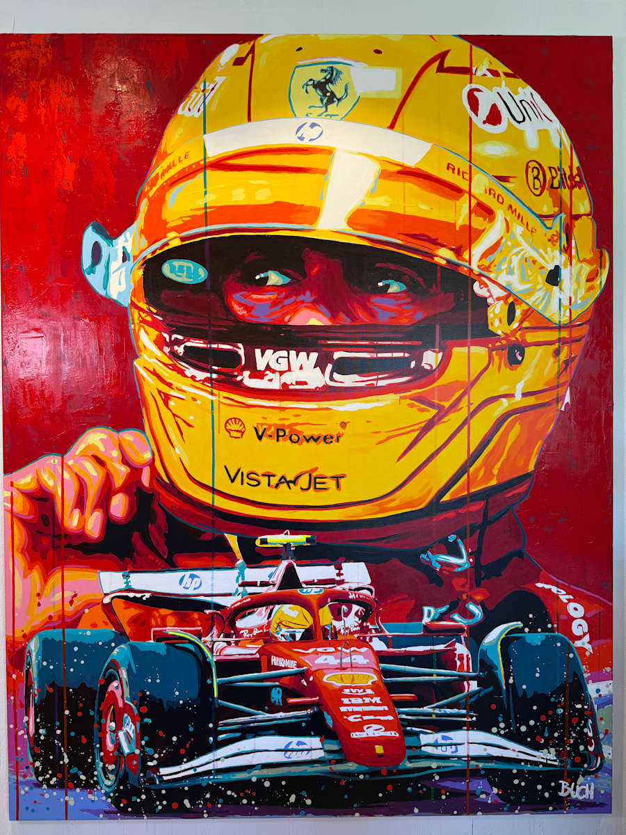 "Hamilton – The Red Chapter Begins" by Artist Allan Buch  Image: "Hamilton – The Red Chapter Begins" painting  New red background 