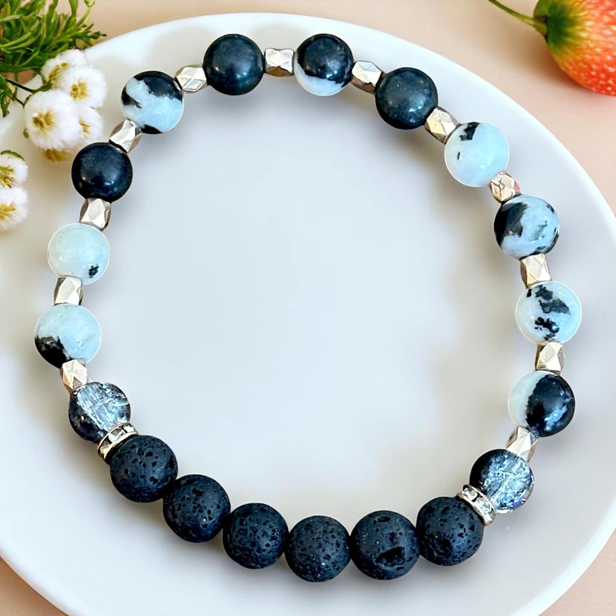 Aromatherapy Diffuser Bracelet - Black Lava Beads, Black and White Stone Beads, Gold - STAJ20240021 #19 by Susi Schuele