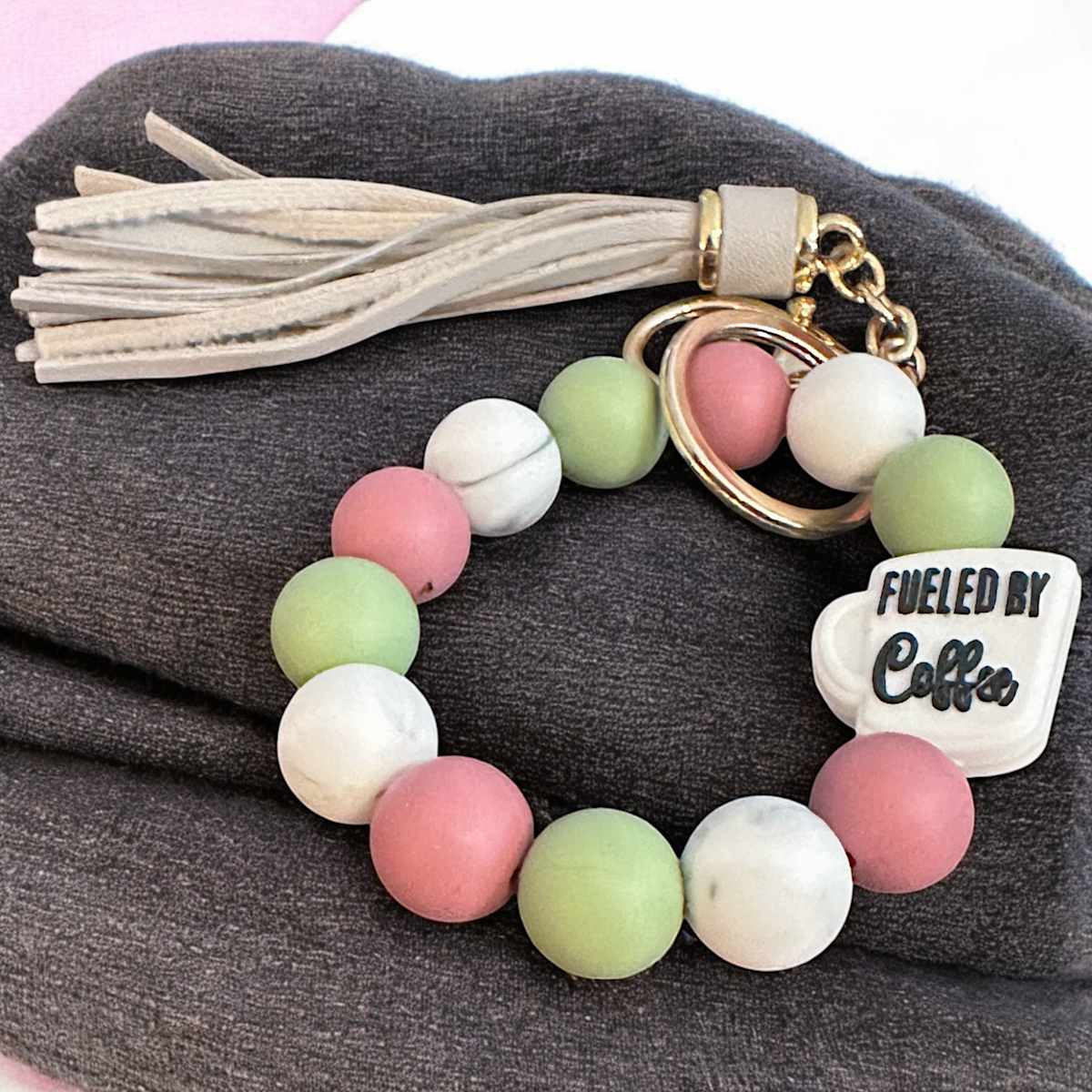 Silicone Bead Keychain Wristlet - Pink and Green Coffee  - STAJ20240068-3 #47 by Susi Schuele 