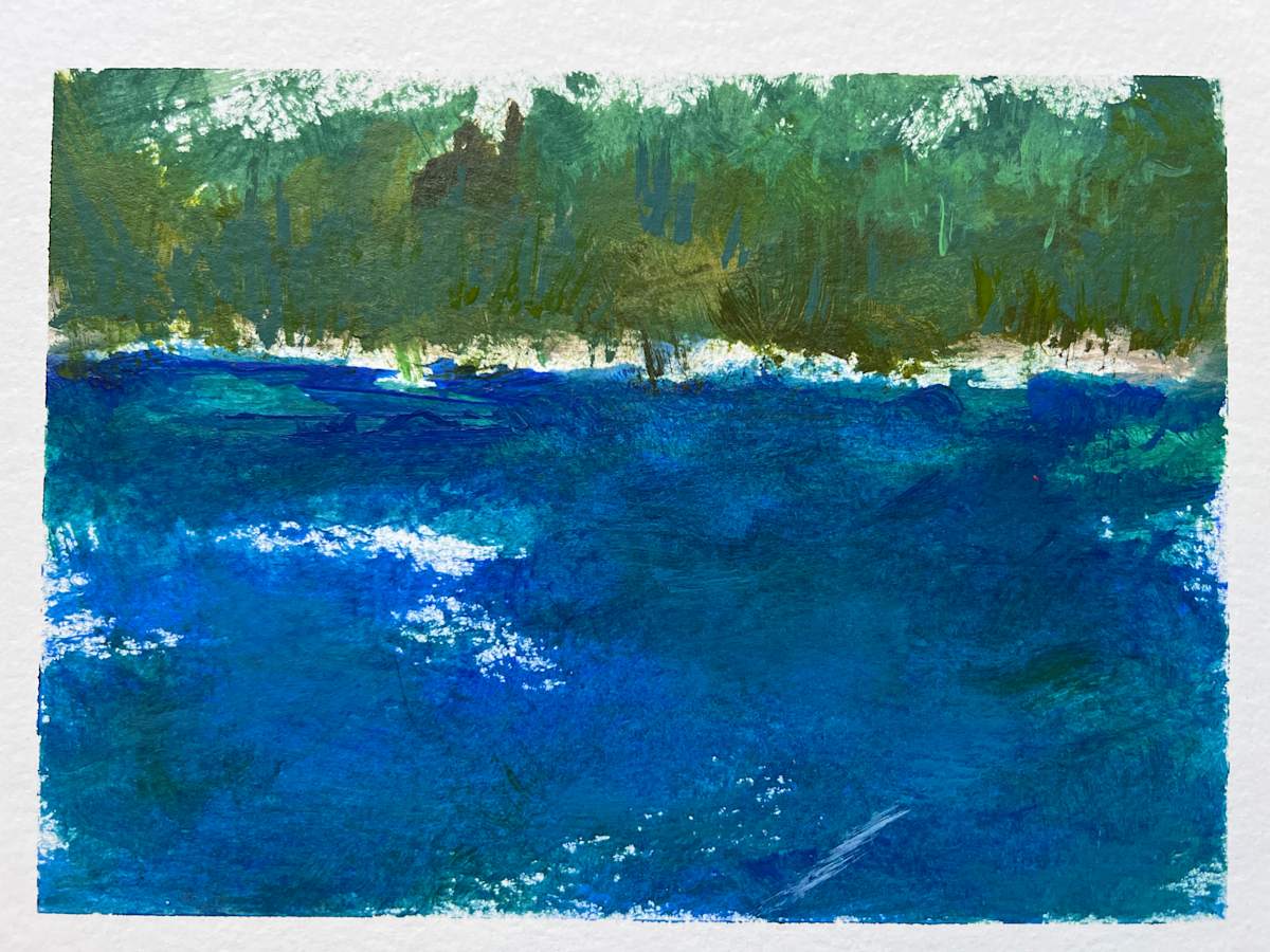 Lake ends summer storm by Pat DeLuca  Image: Acrylic on paper. The water’s edge is both there and then disappears as water, waves, sand and leaves whip across it. 