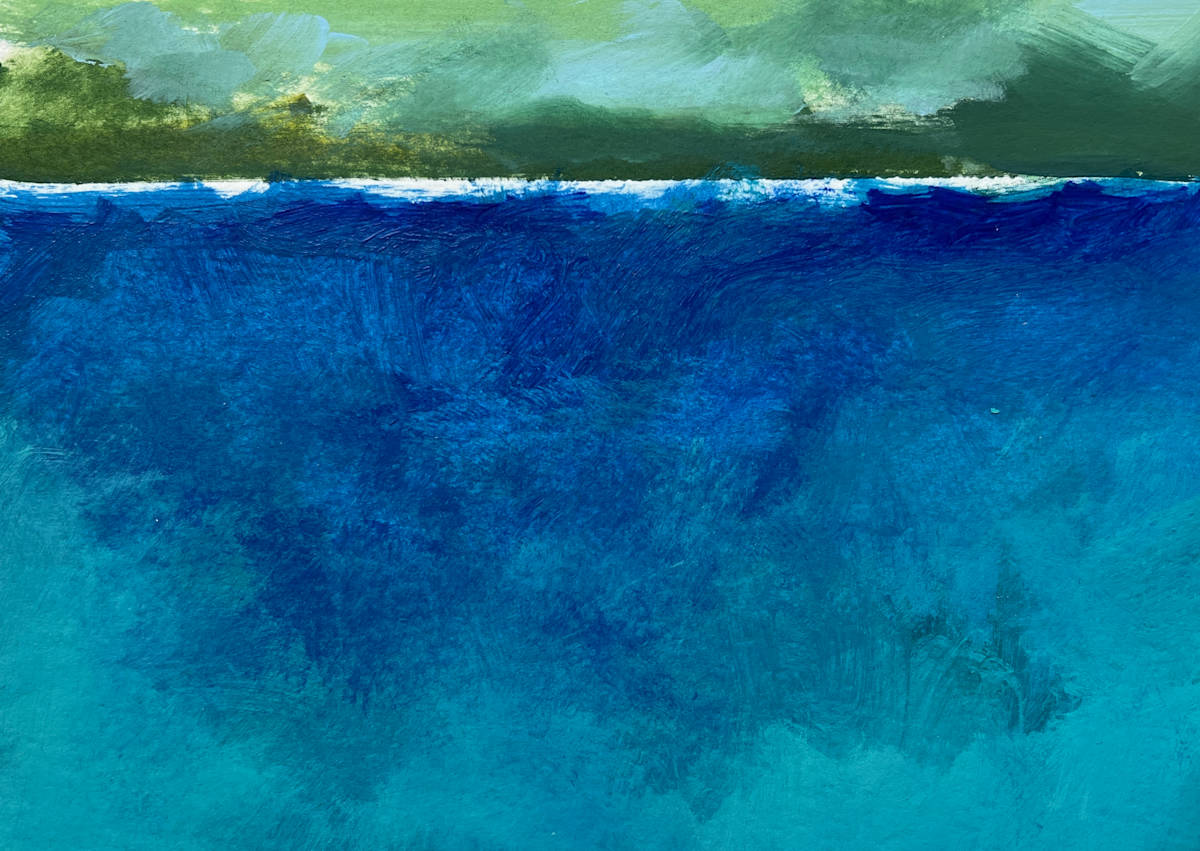 Summer Storm by Pat DeLuca  Image: Clouds going deep, green and dark over a summer lake. Acrylic on paper.