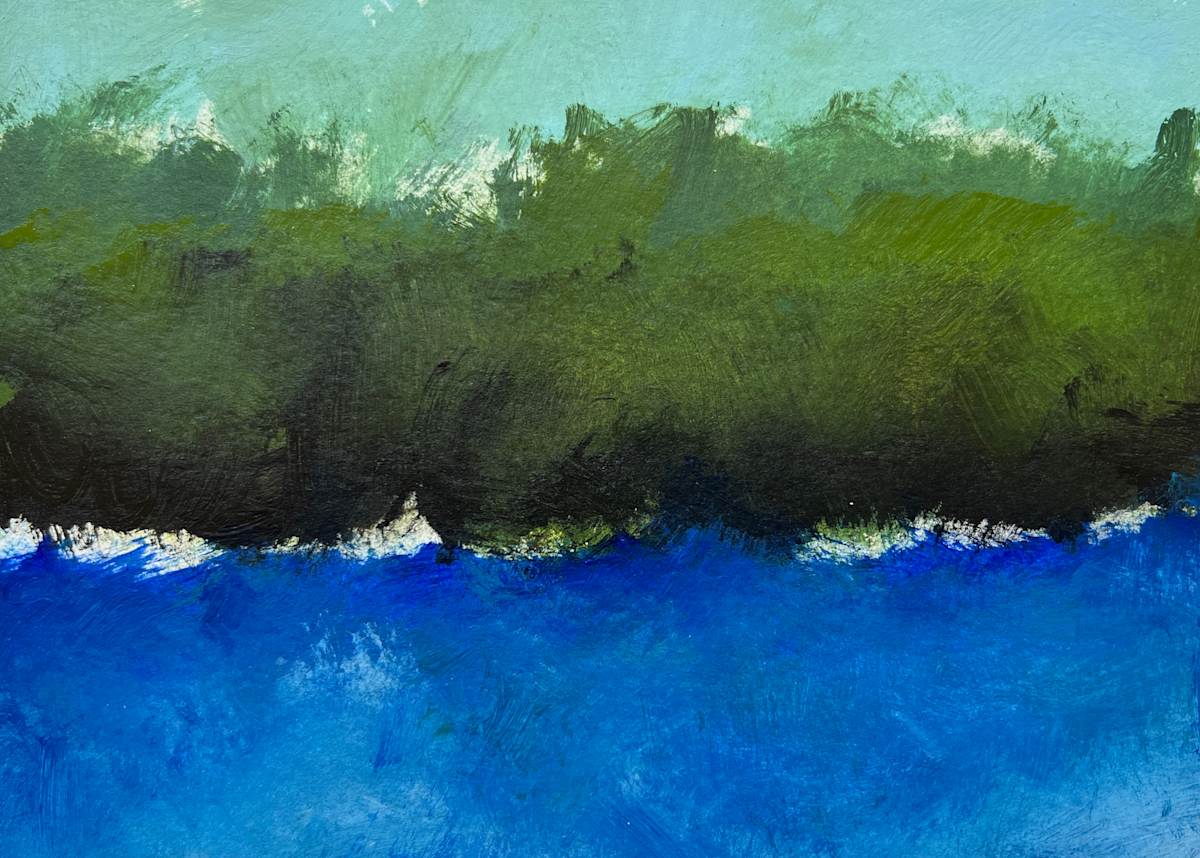 Water's edge by Pat DeLuca  Image: Painted along the shores of Lake Ontario where public and private beaches meet, “Water’s Edge” invites you into a quiet encounter between forest and water. Vivid blues and soft green tones capture the movement of the lake and the stillness of the treeline beyond. Painted for those of us find peace in water and the color blue, ‘Water’s Edge’ evokes the sense of calm I feel here. A reminder of its native beauty at home, in the studio, or in your office. Acrylic on paper. 
