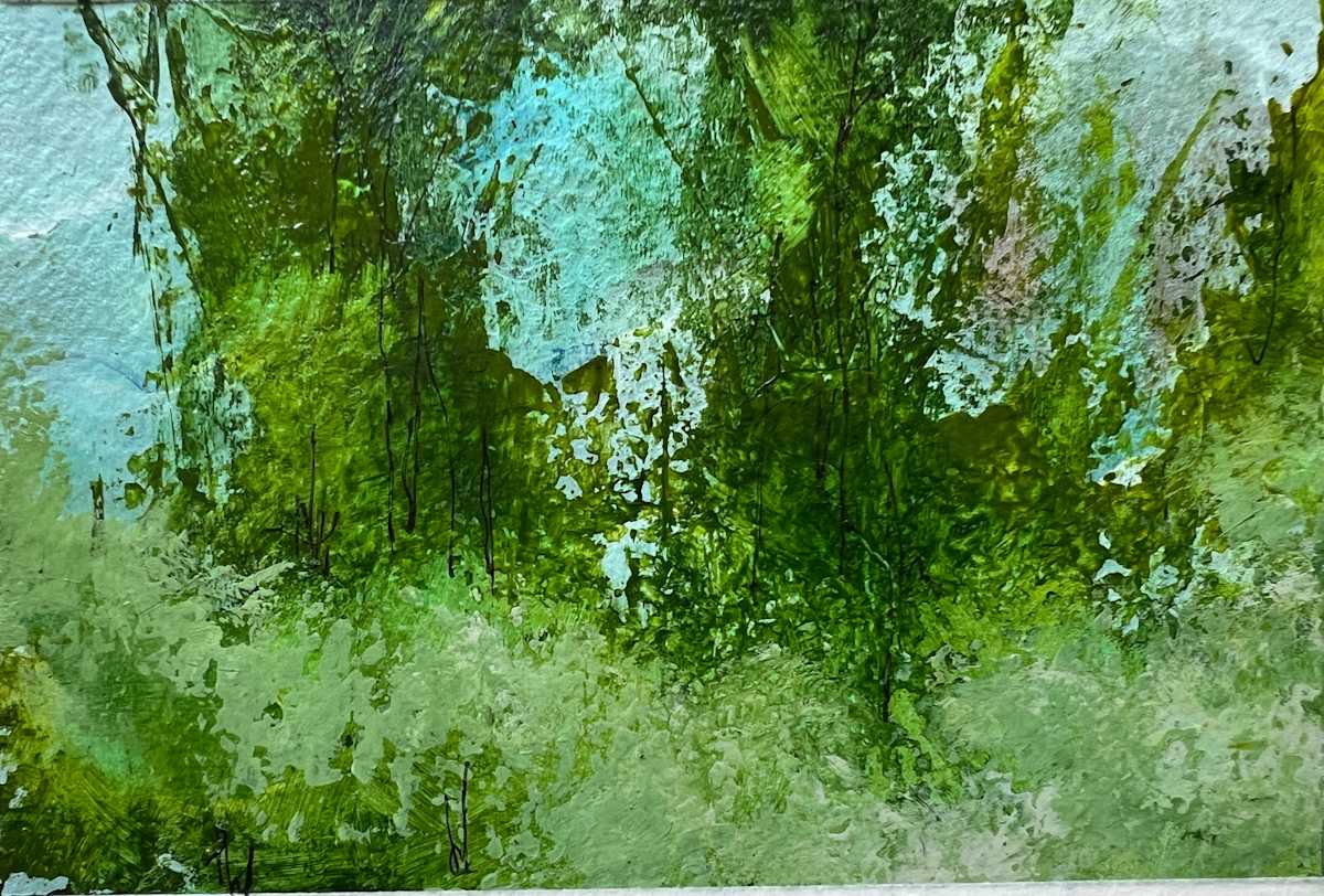 Tangle along the creek by Pat DeLuca  Image: Undergrowth is magical. Acrylic on paper.