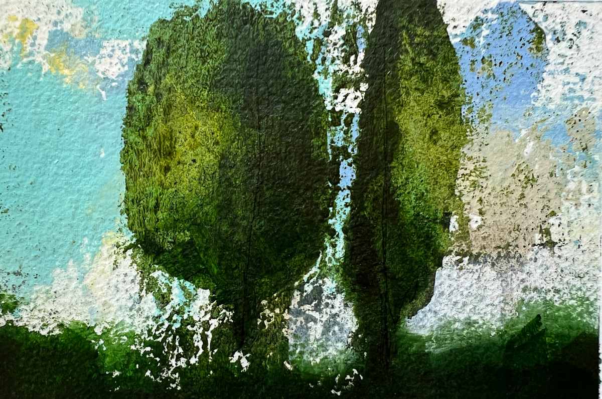 They stood alone and separate together by Pat DeLuca  Image: Roman trees along the cobblestone avenue. Acrylic on paper.