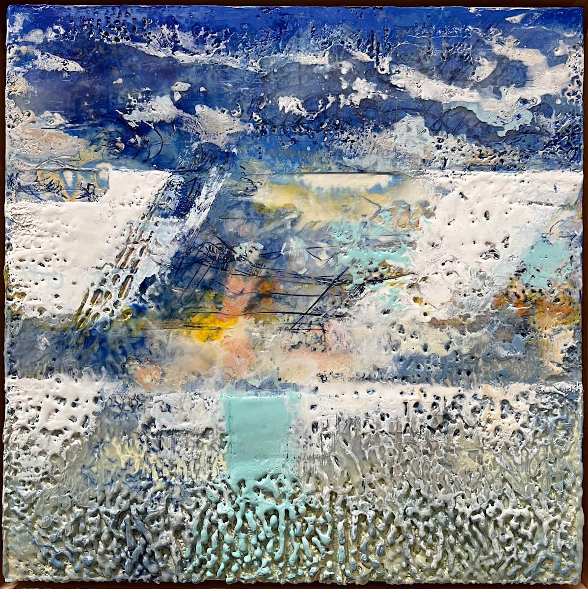 If I Close My Eyes, is it over Yet - Iceland? by Pat DeLuca  Image: “If I Close My Eyes, Is It Over Yet” is an encaustic painting - a version of my Storm series. As we went up and down the mountains of Iceland, the altitude rises and falls dramatically and quickly. I was driving. I never closed my eyes but there were definitely moments when I wanted to. ;) It’s breathtaking, so you don’t because, well it’s safer that way and mostly because I just didn’t want to miss a thing. 12x12, framed. 