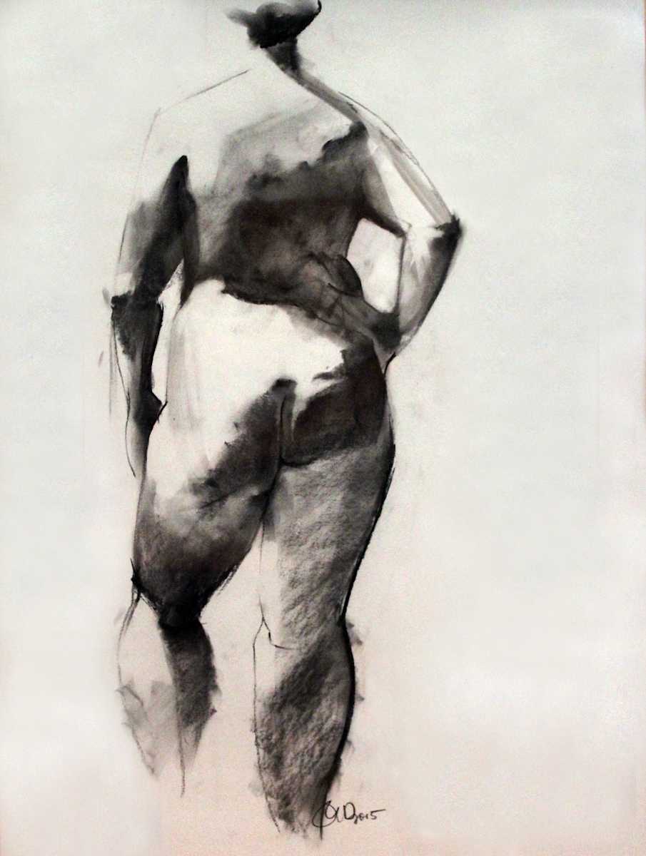 Hip Shadows by Pat DeLuca  Image: Charcoal on newsprint. A mentor, fellow artist leaned across and said, “now you’re just showing off”. Figure drawing. 