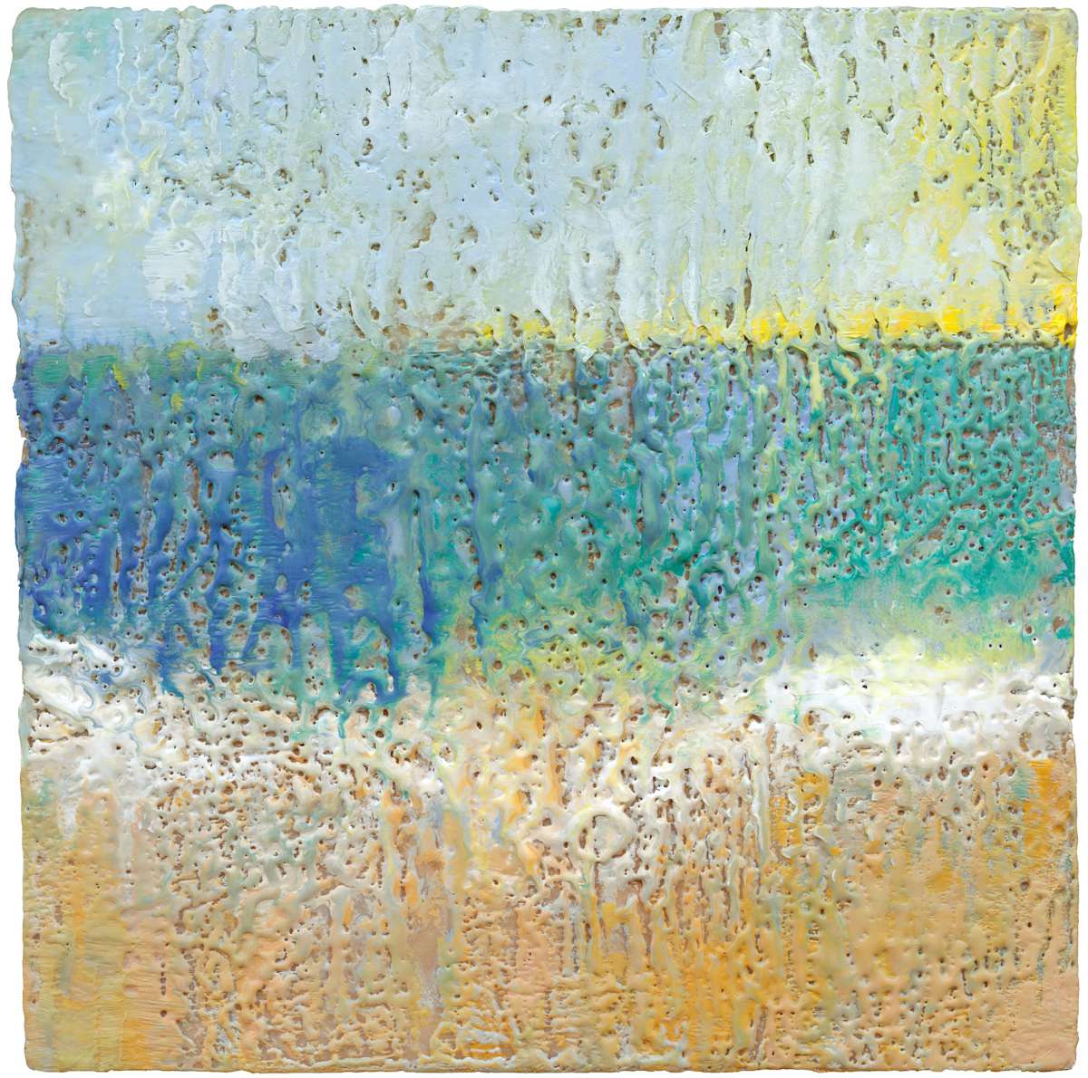 Sunrise IV Outer Banks by Pat DeLuca  Image: Sunrise IV, Outer Banks, warm morning light breaks across water and sand in softly layered wax. Luminous blues and golden tones ripple through this encaustic seascape, evoking peace, movement, and memory. Available in signed, limited edition, fine art prints. 