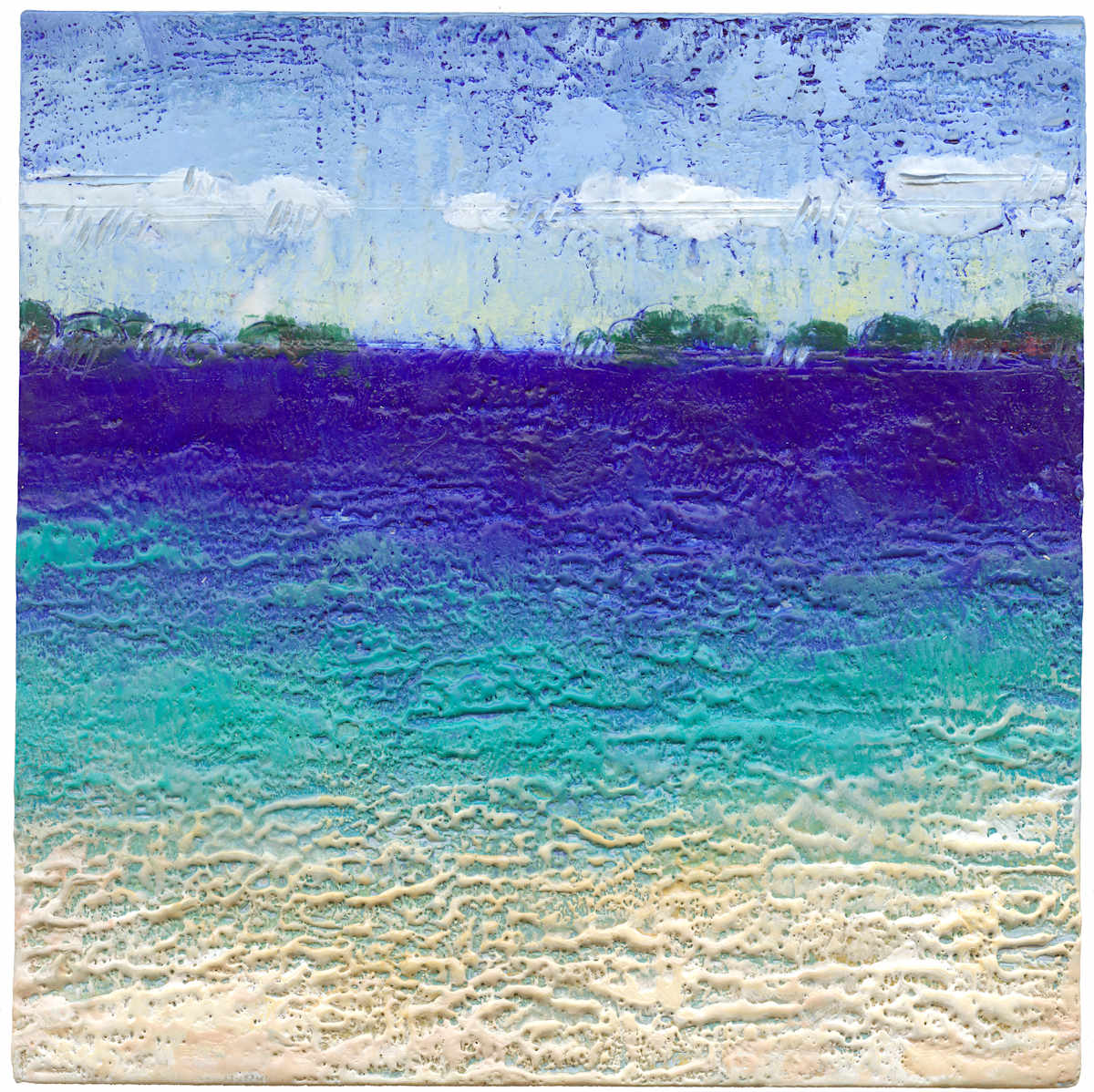 Viamalo by Pat DeLuca  Image: Tongan waters. Sand underfoot. A breeze just out of frame.
Viamalo is an encaustic painting that layers tropical blues, sea foam, and the curve of distant trees on a distant shore.  Sold. Signed, Giclee prints available. 