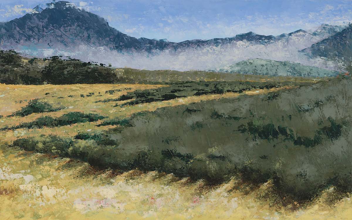 Earth Waves, Bottlierskop South Africa by Pat DeLuca  Image: "Earth Waves".  Painted from a sketch and my own photographs at Bottlierskop Game Reserve while on an artist’s trip through South Africa. Landscape. Oil on archival linen canvas. 