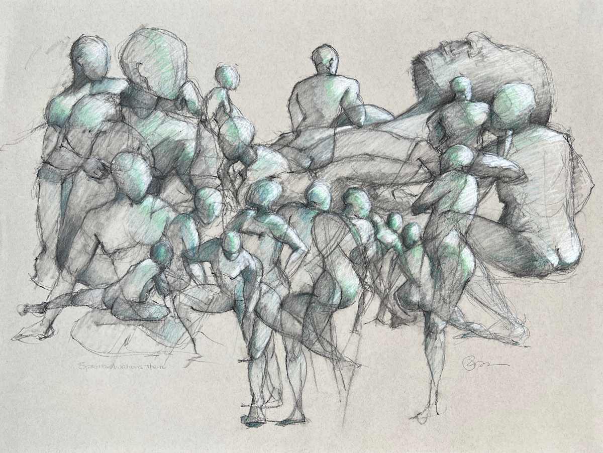 Spring Awakens Them by Pat DeLuca  Image: Pencil, pen, colored pencil Figure drawing - one evening, multiple poses from short (1 minute) to longer poses (20 minutes) layered over and under each other to build overall form and negative spaces. 