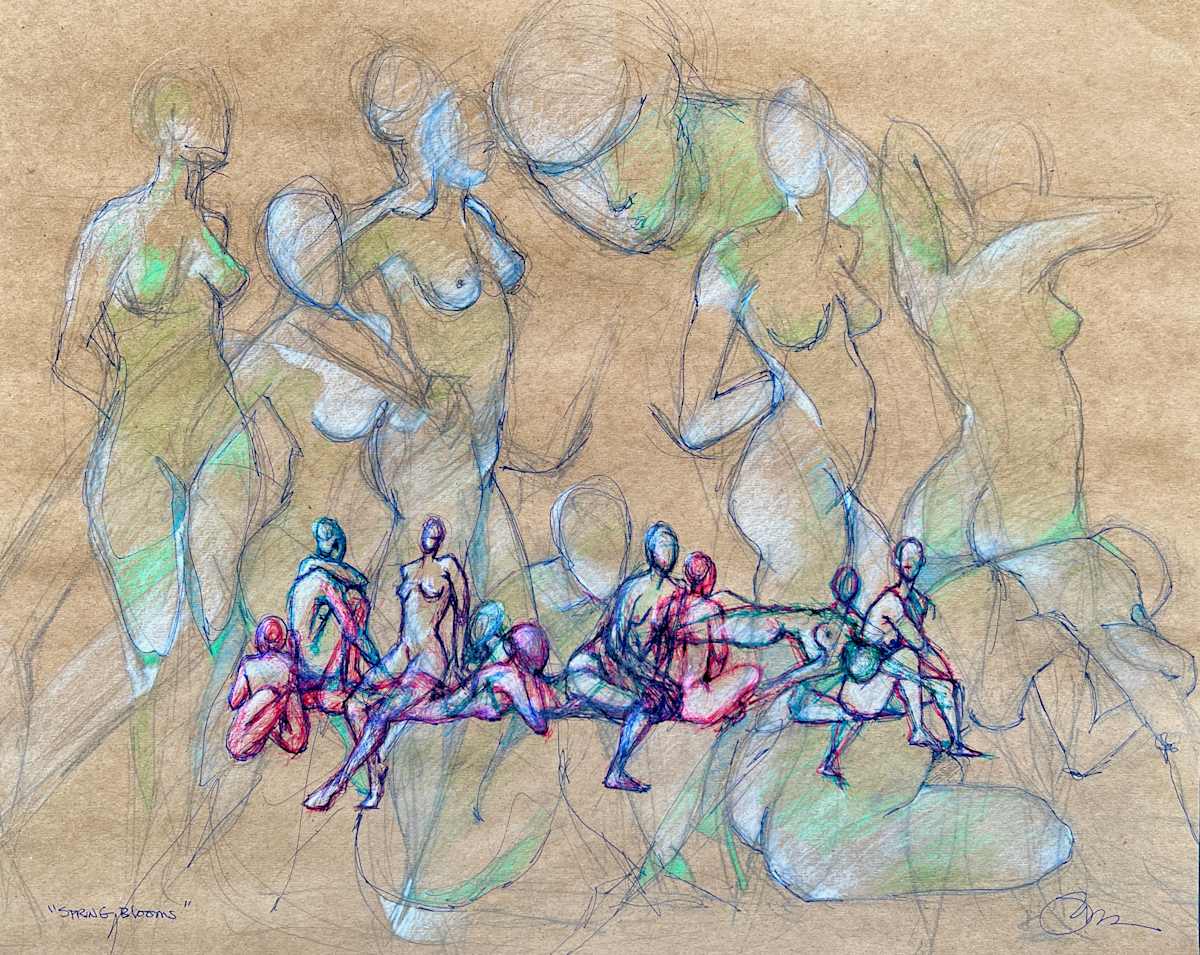 Spring Blooms by Pat DeLuca  Image: Dancing Figurative Collection - pen, ink, watercolor, colored pencil, pencil on tinted drawing paper