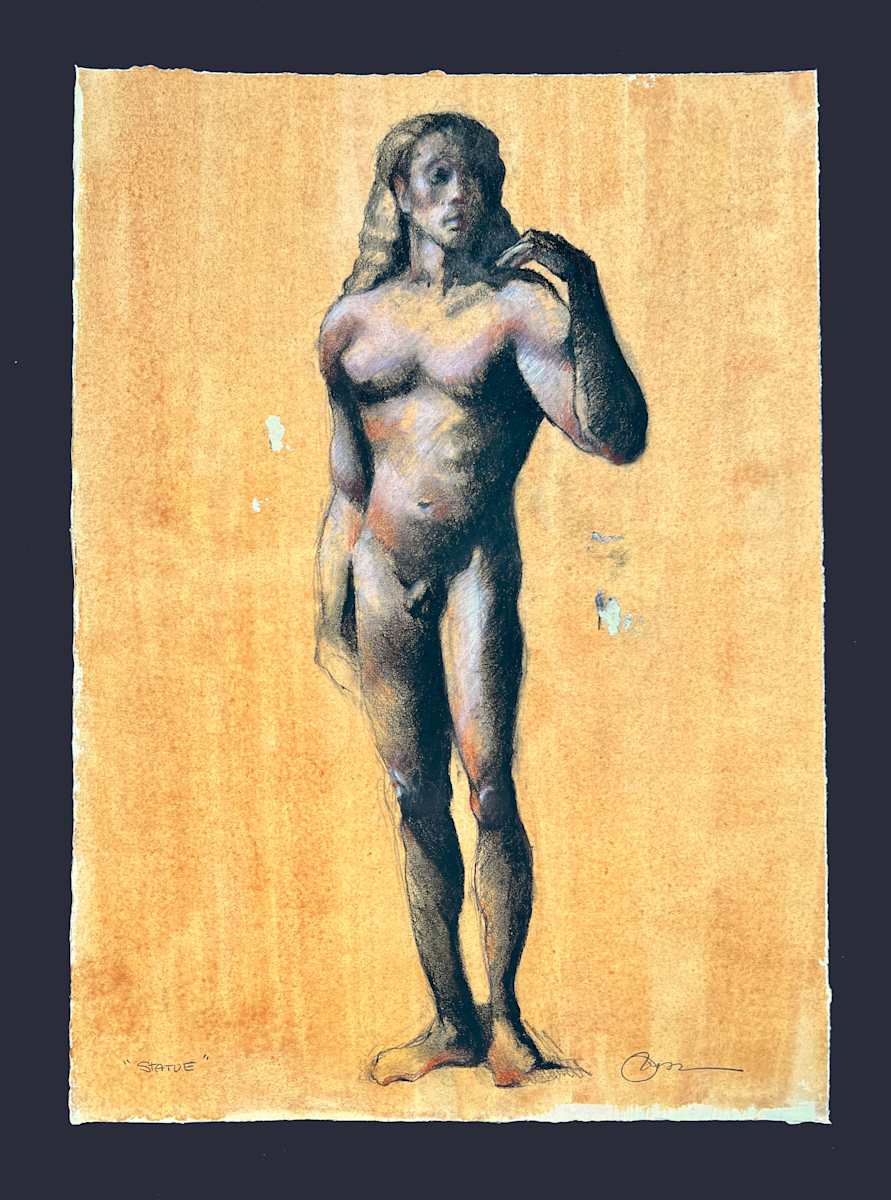 Statue by Pat DeLuca  Image: 3 hour mixed media drawing: pencil, colored pencil, charcoal, pastel on hand colored watercolor paper