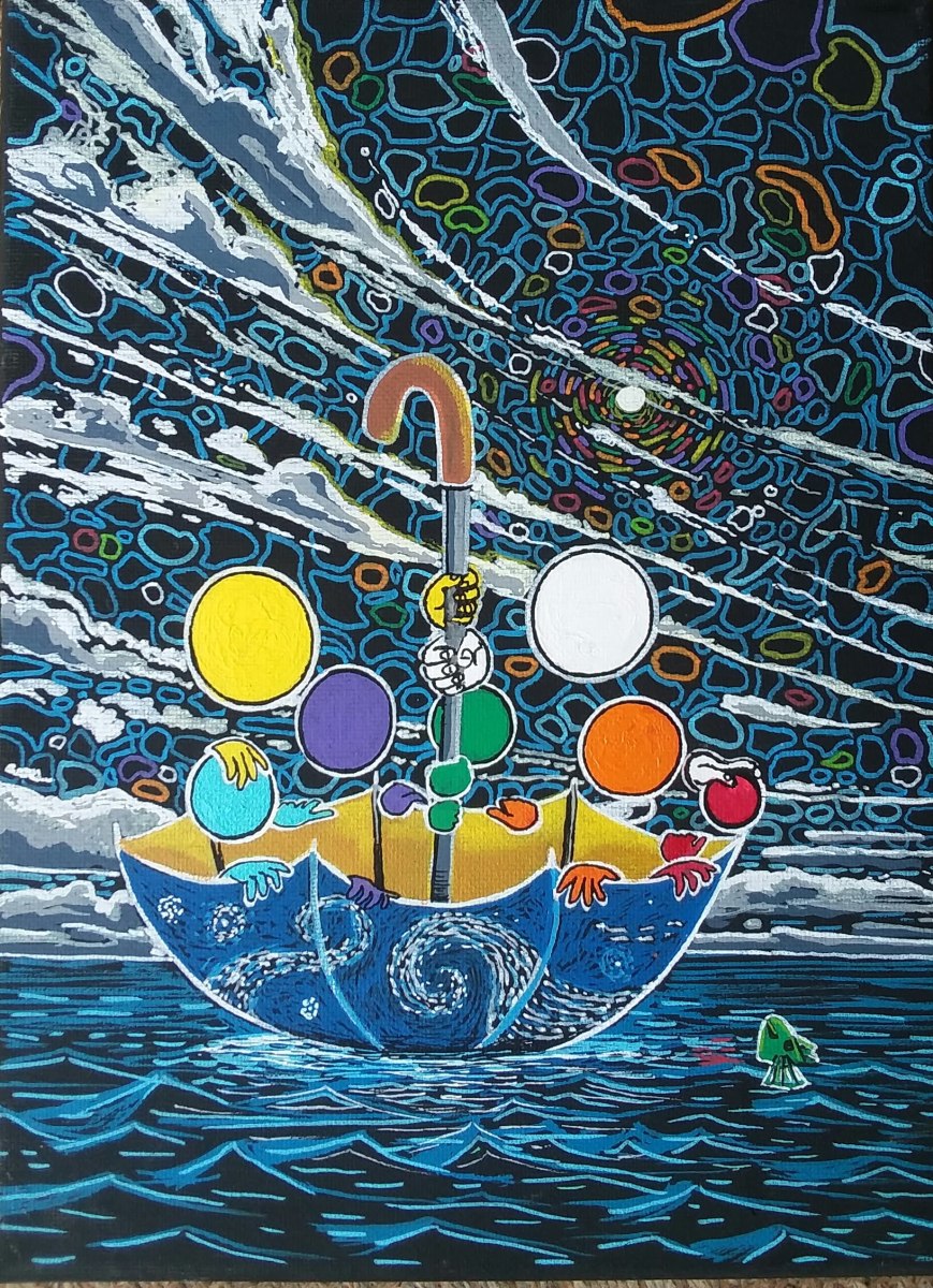 Study for The Royal Family afloat by David Heatwole  Image: This painting is from Heatwole's Molecules of Faith series, the umbrella depicting Van Gogh's "Starry Night". The majority of the artwork in this series featured Van Gogh's painting in the background in grayscale, with Heawole's Starry Night umbrella serving as a main point of interest with the rest of the painting being in full color as well. This particular painting was intended to be a study for a larger work, but because the artist has yet to complete one, the study might be the finished product. The Heatwole family is depicted in this little artwork floating on the water beneath an upside-down umbrella. Jesus Christ and the artist's first community collaboration—a gigantic fish that required aerial photography—are represented by the fish being looked at by the single child.
