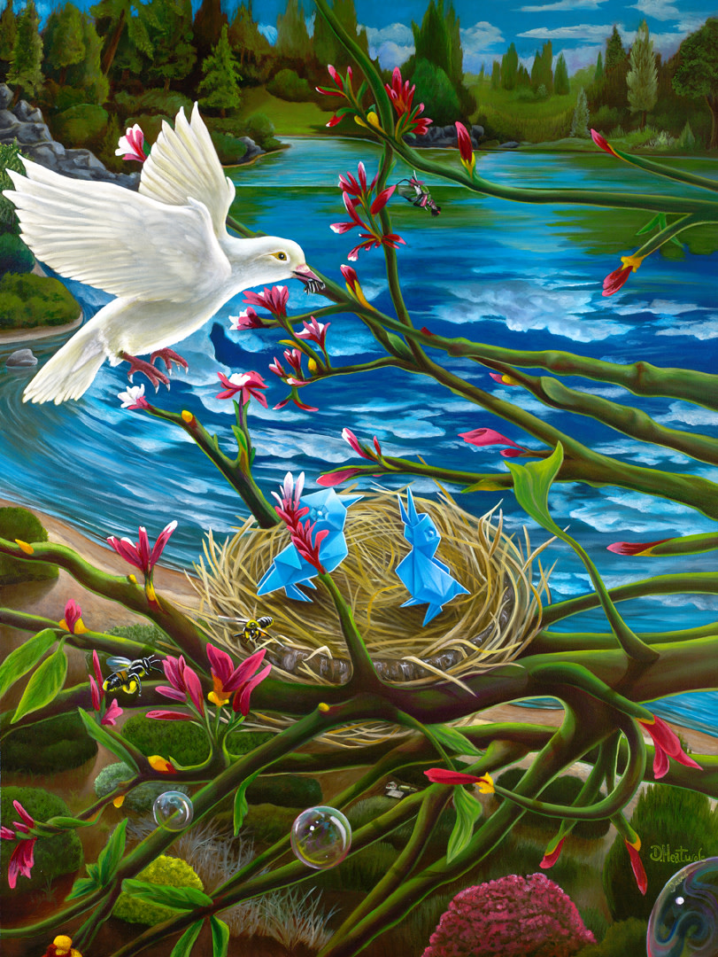 Divine Alteration by David Heatwole  Image: David Heatwole's symbolic painting is the first to include the Japanese craft of origami. The two origami birds, according to Heatwole, are symbolic of the artist and his wife, who were both baptized into Christ and confirmed into the Orthodox Church on the same day (completely at random), despite living hundreds of miles away. Heatwole also metaphorically reflected his artistic friend Dave Curtis in this painting during the difficult divorce that Curtis and his wife were going through at the time the artist was creating the picture, which is another intriguing aspect. Heatwole used a bottle of alcohol, an envelope, and a note that were lying on the ground close to the water's edge to symbolize what Curtis was going through and the news of the divorce Heatwole and others received from the artist. Thing to note here is that the painting of the dove came before Heatwole discovered the zip code outline of his home town in Martinsburg that looks like a bird in flight.
