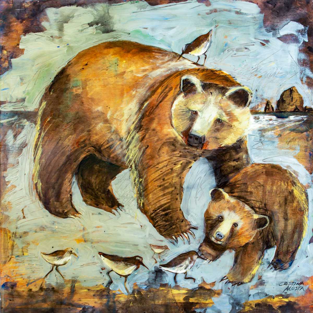 Mama Bear with Cub and Sandpipers by Cristina Acosta 