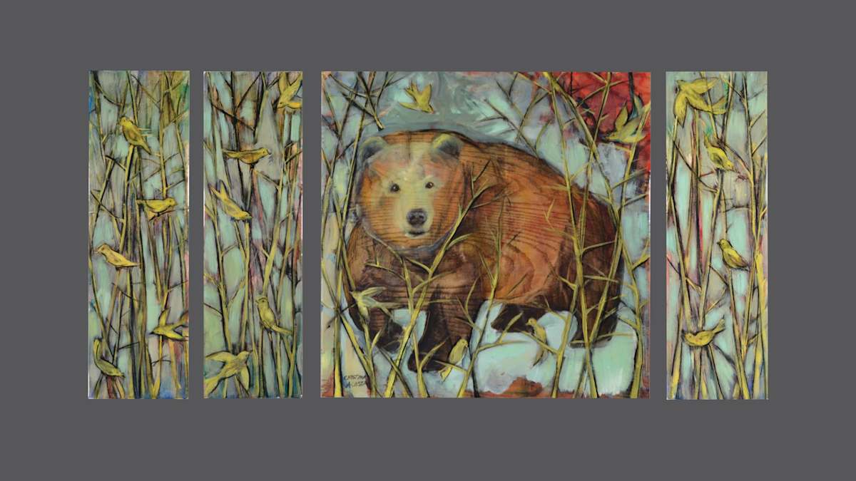 Sweet Bear with Yellow Birds Quadtych by Cristina Acosta 