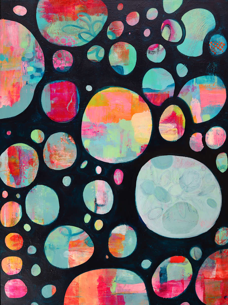Ajabu : Wonder by Precious Burger  Image: A luminous mixed-media painting filled with rising, colorful circles that evoke awe, curiosity, and the magic of seeing the world with fresh eyes.