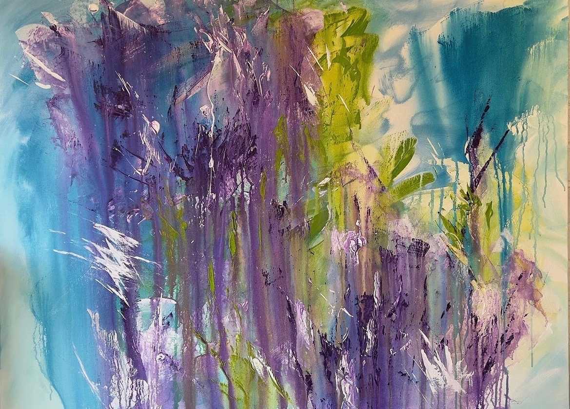 Patience 2022 by Annette Aspen  Image:  Acrylics on deep edged canvas 30"x40" (Framed 32”x 42”)
More information on Patience 2022 -
Every year, I paint a piece of artwork with this title, and this year I needed a lot of Patience. I was awaiting the approval of a new drug that could (and has) changed my life. My brain has learned to sleep without having seizures during the night, and both my husband and I can now get some uninterrupted rest..
Including purple, the epilepsy colour, with plenty of tears, and flashes of hope breaking through the blue skies ahead.
The painting is being sold in a wooden floating frame, but can be easily removed should you wish.
