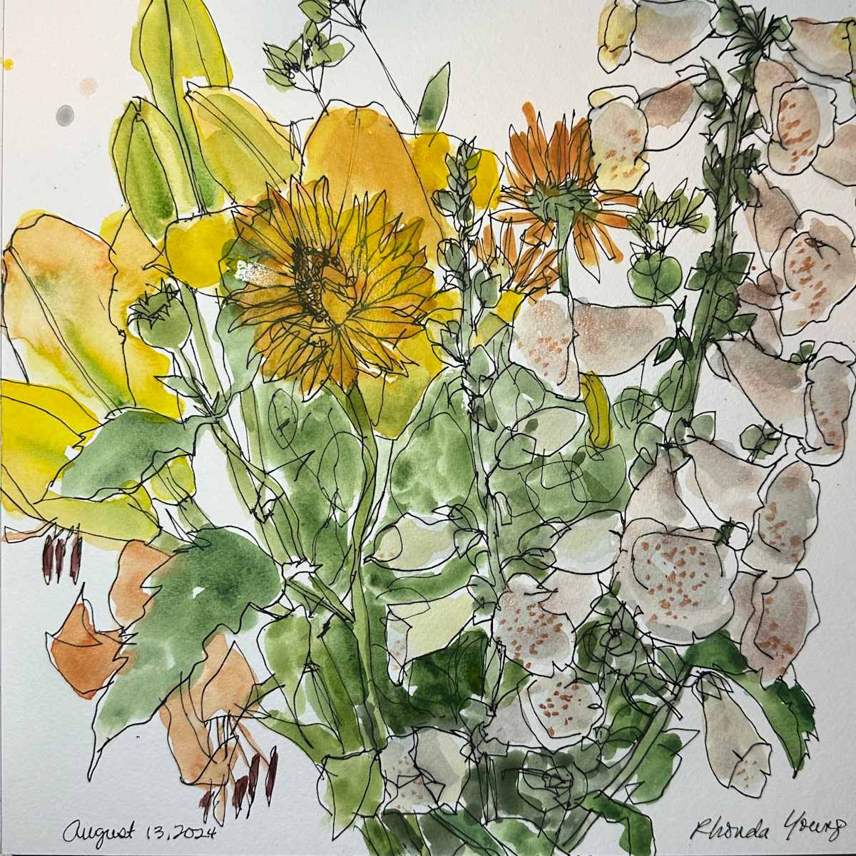 Foxglove and Yellow Lilies, August 13, 2024 by Rhonda Young, Image 3.