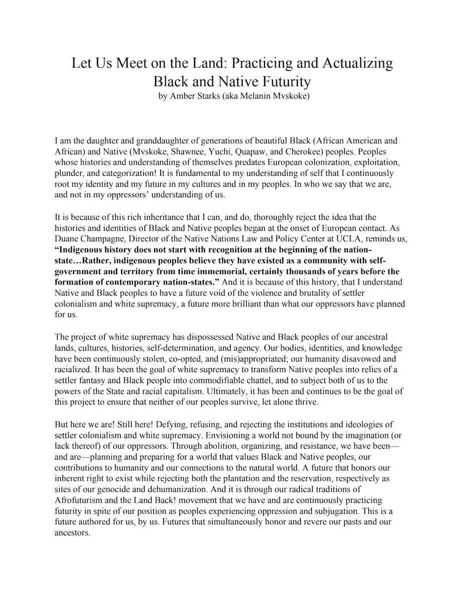 Let Us Meet on the Land: Practicing and Actualizing Black and Native Futurity by Amber Starks 