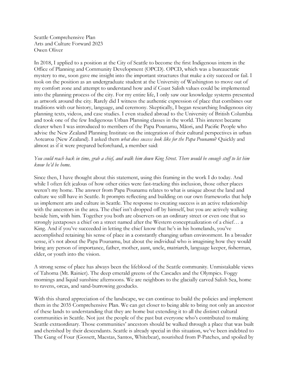 Arts and Culture Forward Seattle 2035 Comprehensive Plan by Owen Oliver 