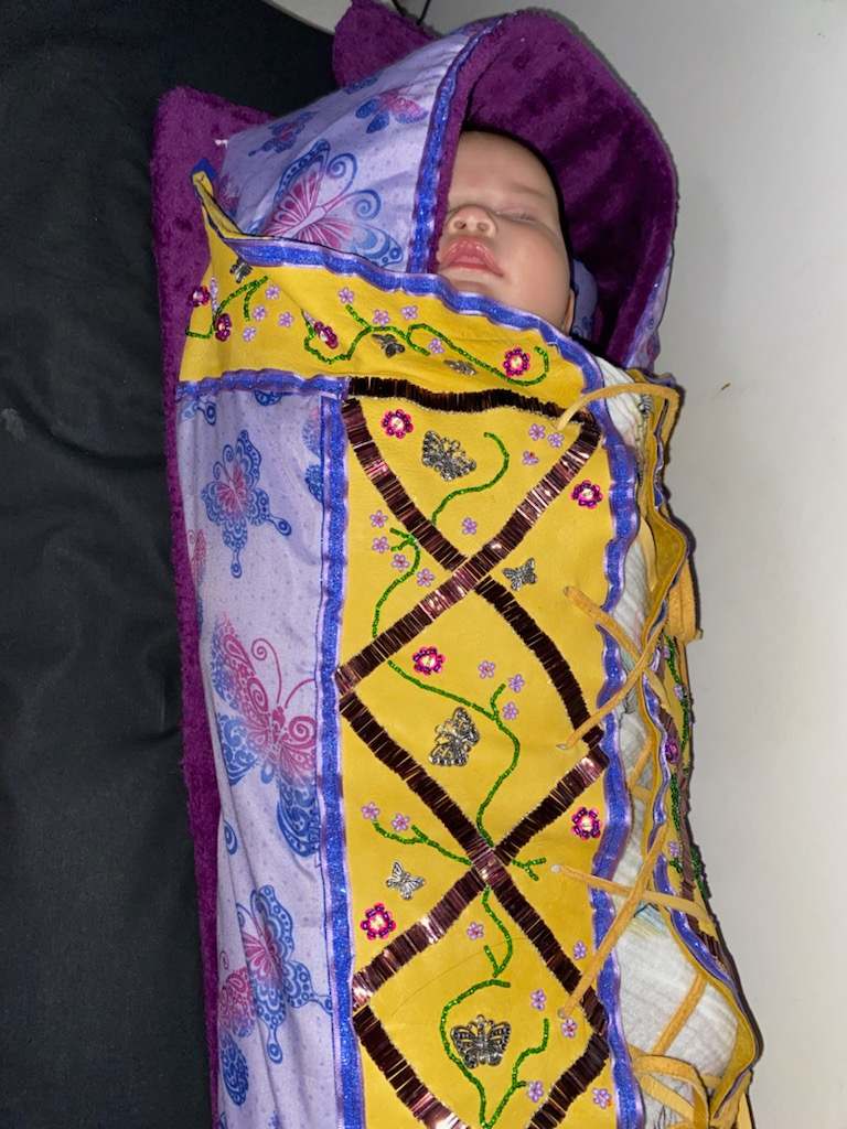 Hand made beaded cradleboard for baby by Beverly Owens 