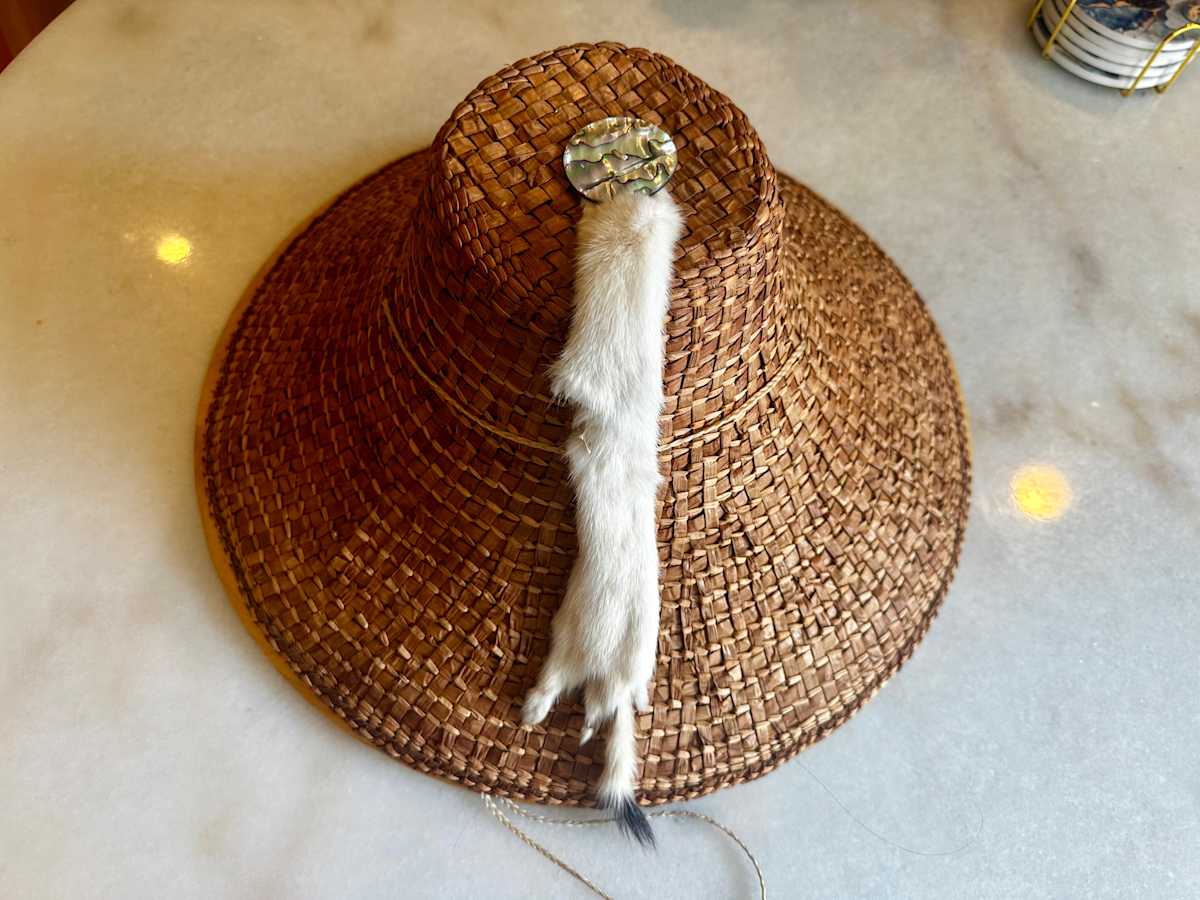 Haida Rain Hat in the Snail Trail pattern by Samantha K'_alaag'aa Jaat Biasca 