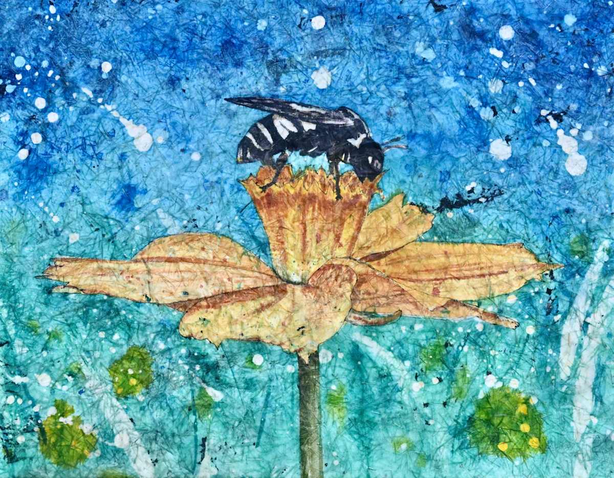 Cuckoo for Cosmos by Michelle Venable  Image: Watercolor batik painting of a cuckoo bee on a sulphur cosmos blossom