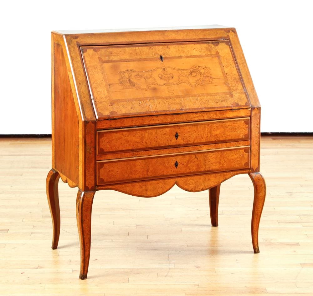 French Biedermeier-style Burlwood Slantfront Ecritoire with Marquetry Inlay, 19thC 