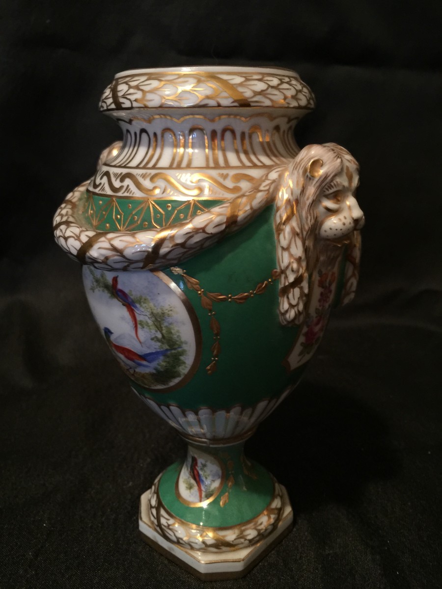 English, Sèvres-style Green-ground Vases with Ornithological Motifs in Reserves (Damages), 19thC 