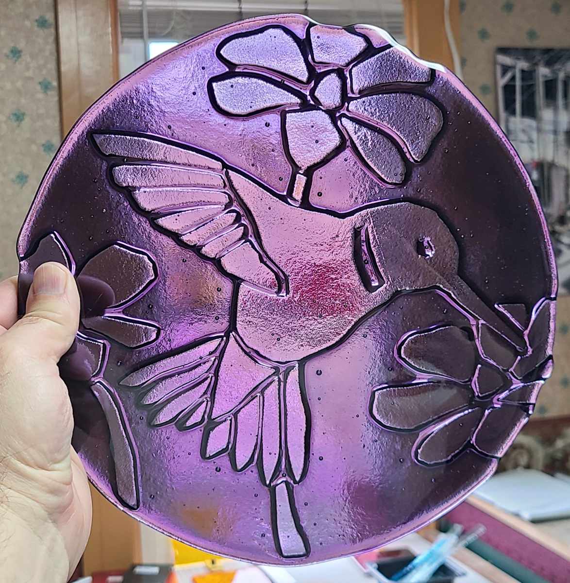 Hummingbird Kiln Carved Plate by Wendling Glass Creations 