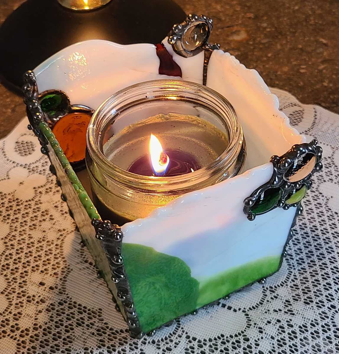 Medium Raw Edged Votive - Amber, Green, White by Wendling Glass Creations 