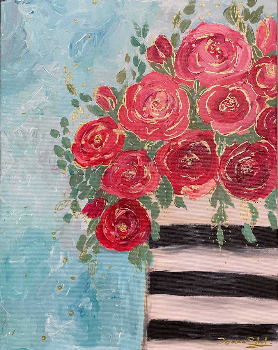 Bold Romance by Ioana Stefaroi  Image: Bring vibrant energy and timeless charm into your space with "Bold Romance," a striking original acrylic painting featuring a lush bouquet of red and pink roses in a bold black-and-white striped vase. The expressive brushstrokes, rich textures, and dreamy aqua background create a joyful, modern twist on classic floral art.