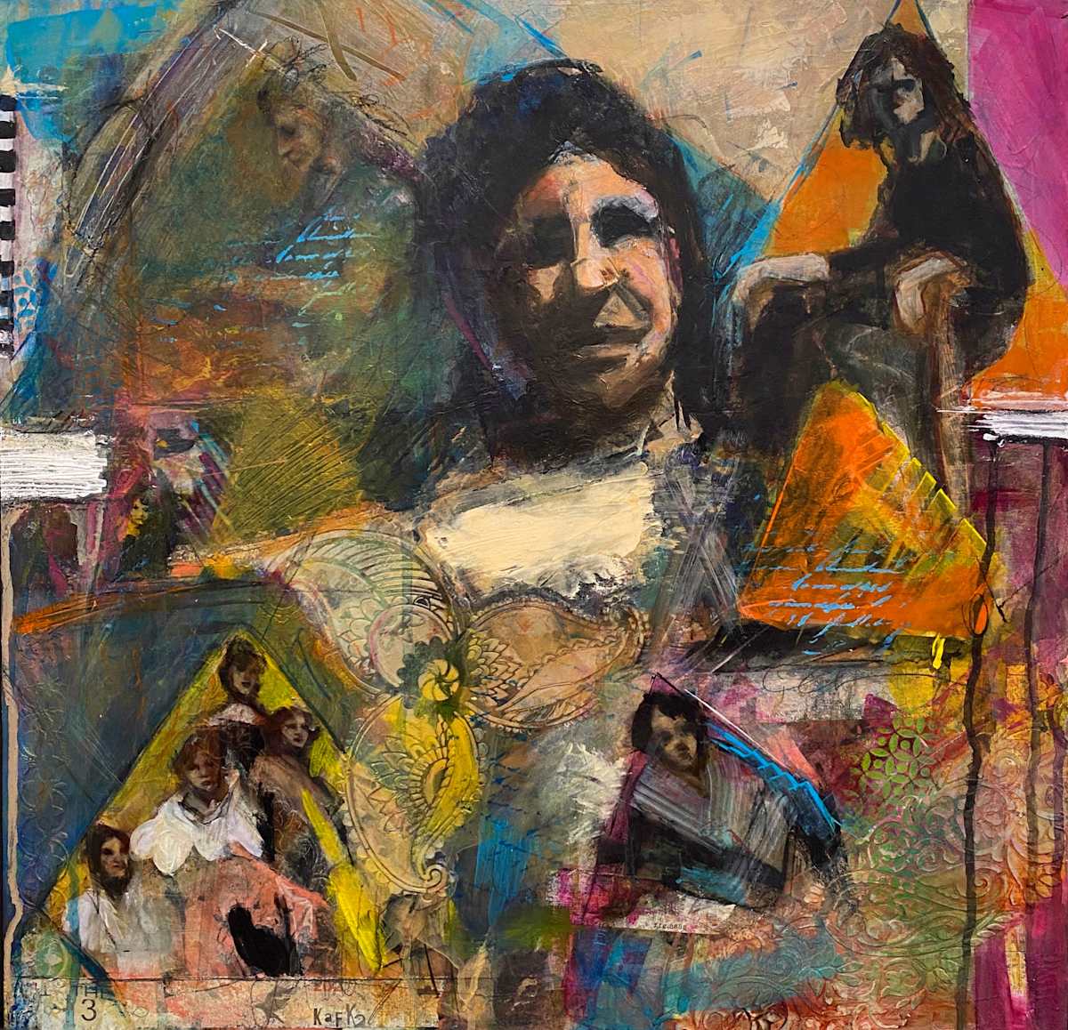 The Matriarchs by Therese Bisceglia  Image: Throughout my career I’ve been creating art works inspired by old family photos,
genealogy, and family ephemera. This piece is a tribute to my mother and grandmothers.