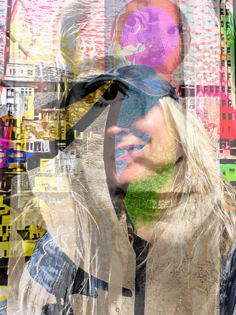 Current Self; Three Selves by Laura Gatto  Image: A multilayered self-portrait collage blending texture, color, and overlapping images of me. The piece reflects shifting identity and the inner currents that move through the self—moments, memories, and emotions merging into one fluid form.