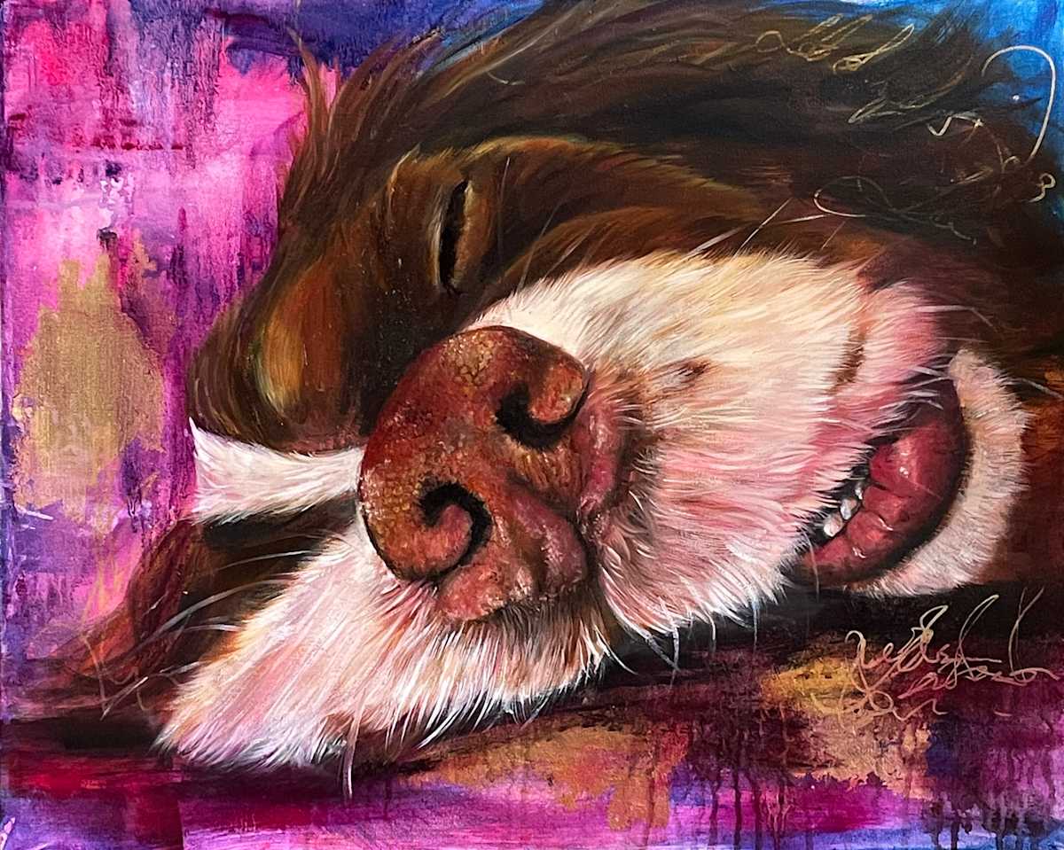 LET SLEEPING DOGS LIE by Samantha Biddle  Image: Let Sleeping Dogs Lie – Oil Painting Print  
Magenta, Purple & Gold Leaf Art with a Spaniel Twist!
